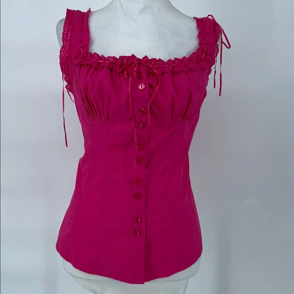 Guess Women’s Y2K Pink Lace Trim Button Front Corset Cami Top Stretch Size M - Picture 3 of 11